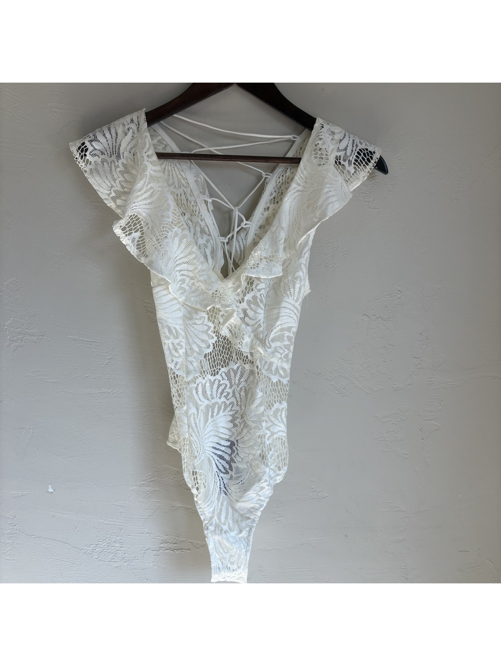 White Lace Bodysuit with Ruffle Detail and Back Tie